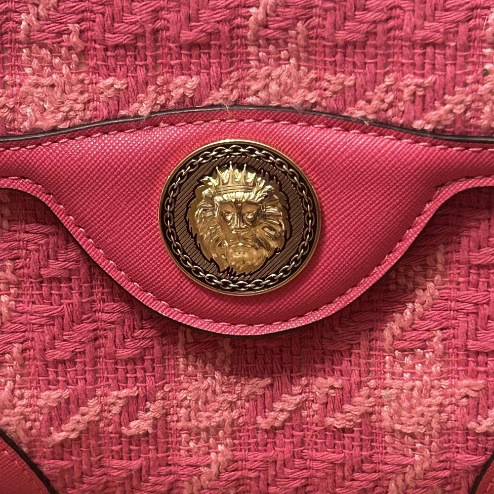 Aldo Satchel Bag Womens Small Pink Tweed Houndstooth Lion Head Chain Purse